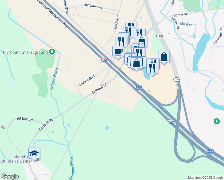 map of restaurants, bars, coffee shops, grocery stores, and more near 5 Sean Drive in Mansfield