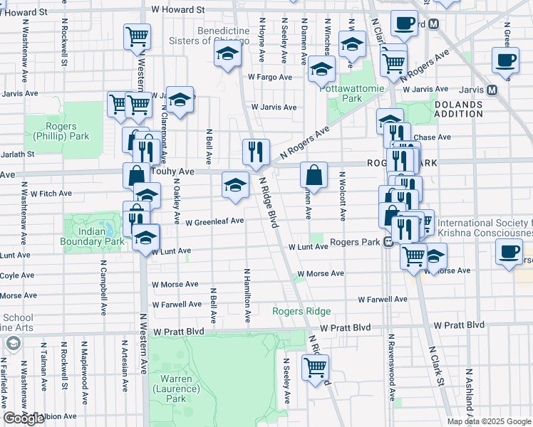 map of restaurants, bars, coffee shops, grocery stores, and more near 7054 North Ridge Boulevard in Chicago