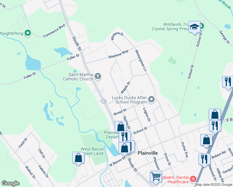 map of restaurants, bars, coffee shops, grocery stores, and more near 50 Maple Terrace in Plainville