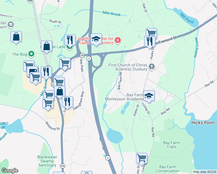 map of restaurants, bars, coffee shops, grocery stores, and more near 90 Humphreys Lane in Duxbury