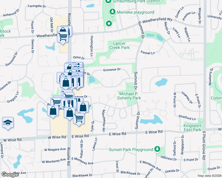 map of restaurants, bars, coffee shops, grocery stores, and more near 225 Kingsport Drive in Schaumburg