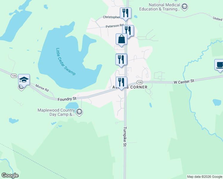 map of restaurants, bars, coffee shops, grocery stores, and more near 88 Massachusetts 106 in Easton