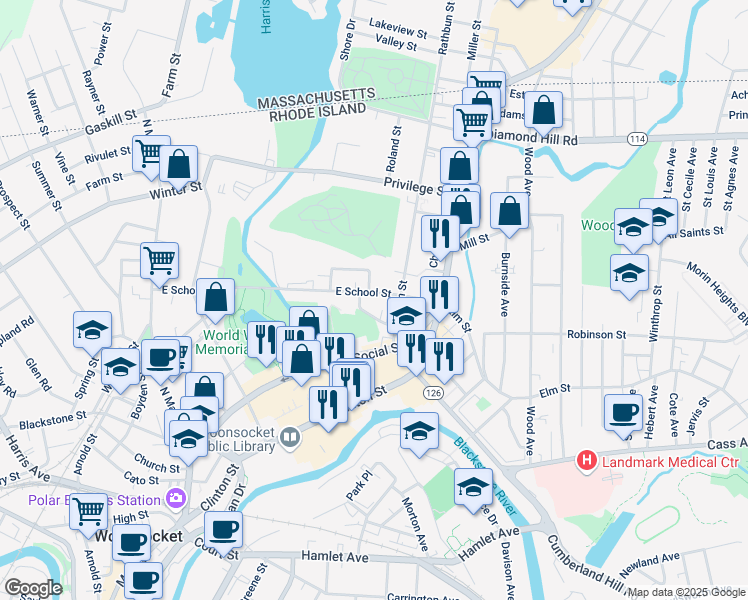 map of restaurants, bars, coffee shops, grocery stores, and more near 501 East School Street in Woonsocket