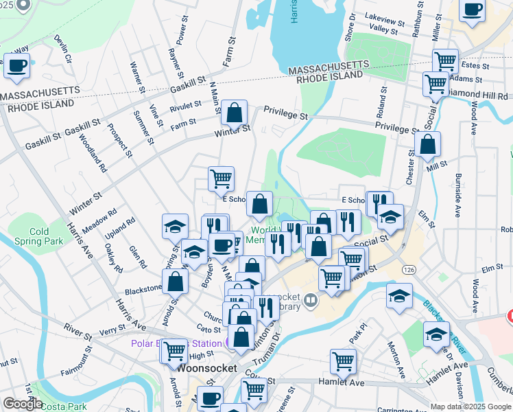 map of restaurants, bars, coffee shops, grocery stores, and more near 165 East School Street in Woonsocket