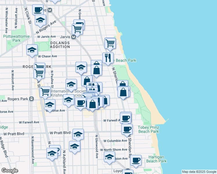 map of restaurants, bars, coffee shops, grocery stores, and more near 1350 West Greenleaf Avenue in Chicago
