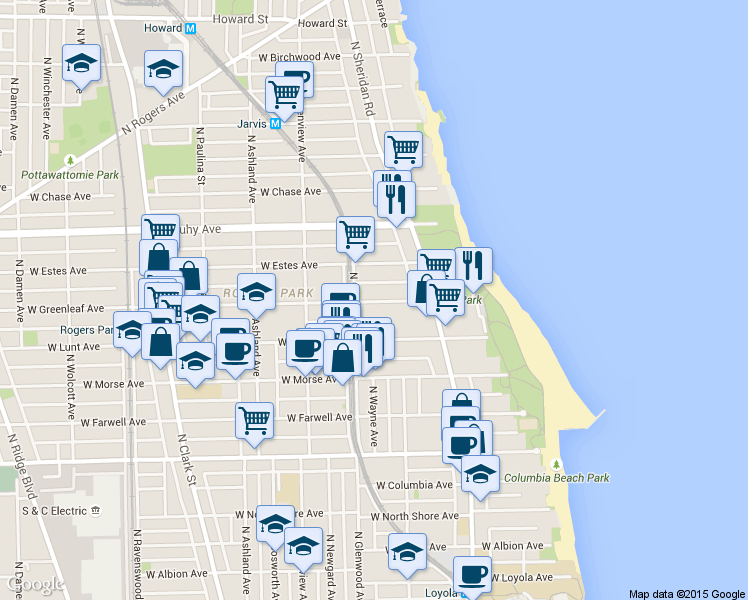 map of restaurants, bars, coffee shops, grocery stores, and more near 1350 West Greenleaf Avenue in Chicago
