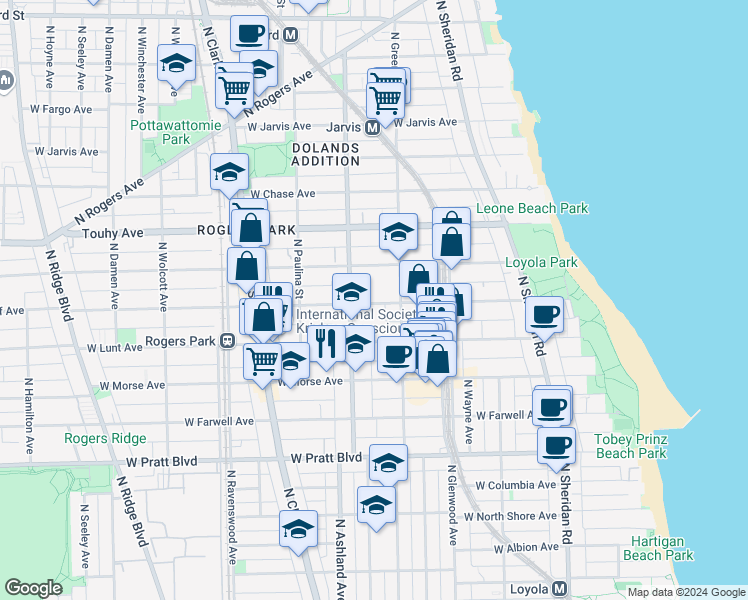 map of restaurants, bars, coffee shops, grocery stores, and more near 1528 West Greenleaf Avenue in Chicago