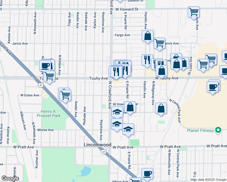 map of restaurants, bars, coffee shops, grocery stores, and more near 3933 West Fitch Avenue in Lincolnwood