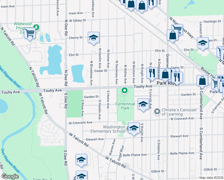map of restaurants, bars, coffee shops, grocery stores, and more near 7 South Home Avenue in Park Ridge
