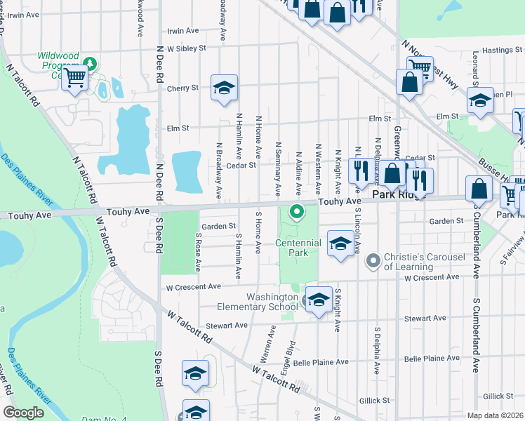 map of restaurants, bars, coffee shops, grocery stores, and more near 7 South Home Avenue in Park Ridge