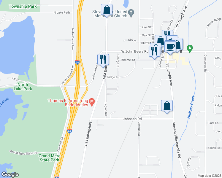 map of restaurants, bars, coffee shops, grocery stores, and more near 3045 Village Court in Stevensville
