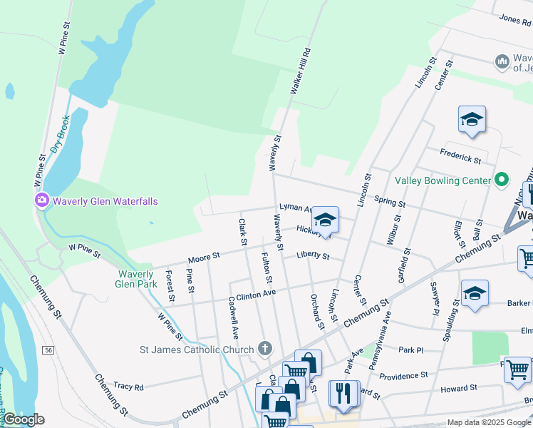 map of restaurants, bars, coffee shops, grocery stores, and more near 12 Lyman Ave in Waverly