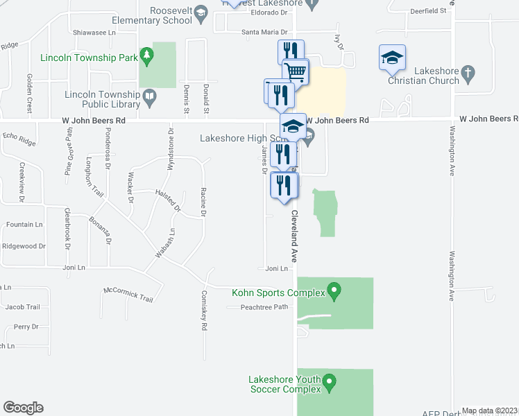 map of restaurants, bars, coffee shops, grocery stores, and more near 5930 James Drive in Stevensville