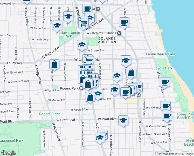 map of restaurants, bars, coffee shops, grocery stores, and more near 1712 West Greenleaf Avenue in Chicago