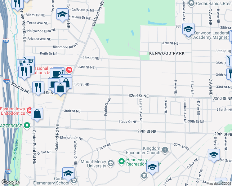 map of restaurants, bars, coffee shops, grocery stores, and more near 1122 32nd Street Northeast in Cedar Rapids