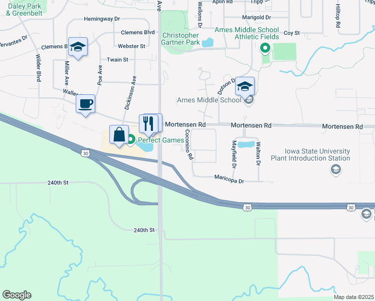 map of restaurants, bars, coffee shops, grocery stores, and more near 1392 Coconino Road in Ames