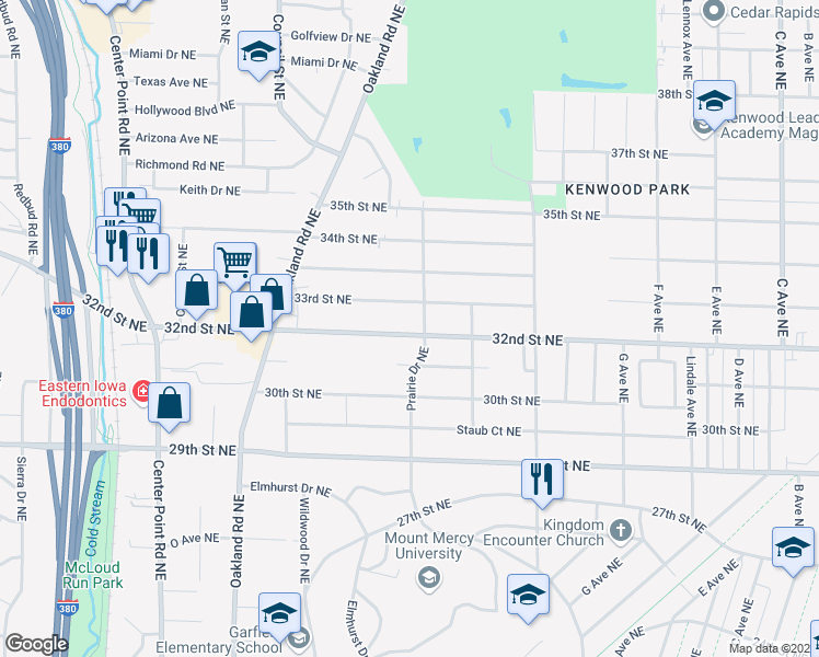 map of restaurants, bars, coffee shops, grocery stores, and more near 1210 32nd Street Northeast in Cedar Rapids