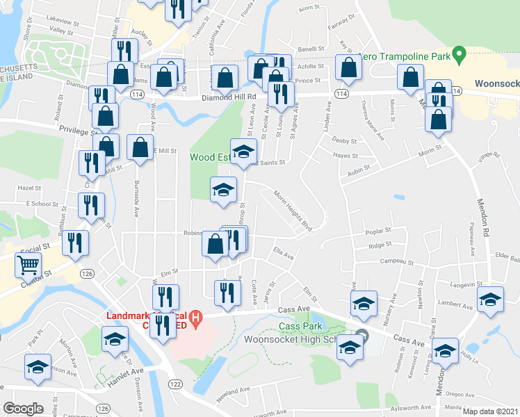 map of restaurants, bars, coffee shops, grocery stores, and more near 167 Rutland Street in Woonsocket
