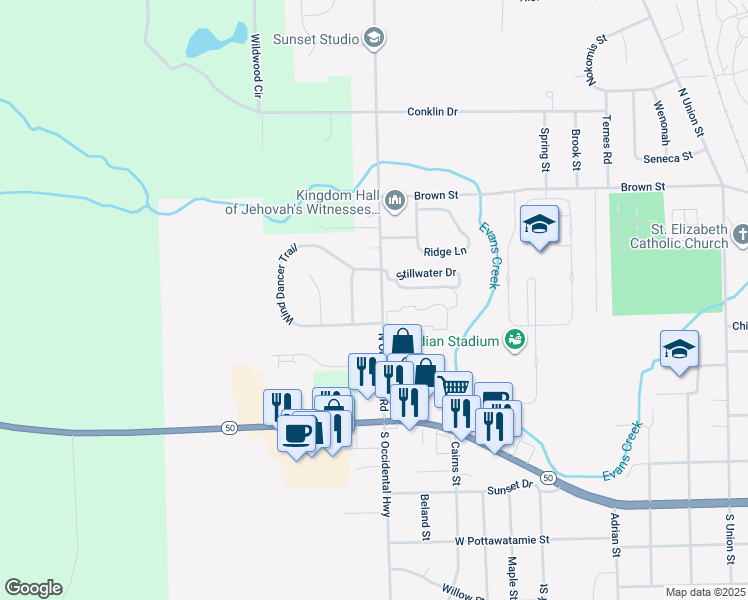 map of restaurants, bars, coffee shops, grocery stores, and more near 405 North Occidental Highway in Tecumseh
