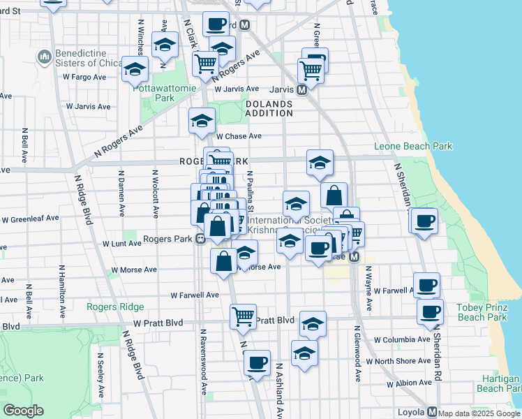 map of restaurants, bars, coffee shops, grocery stores, and more near 1638 West Greenleaf Avenue in Chicago