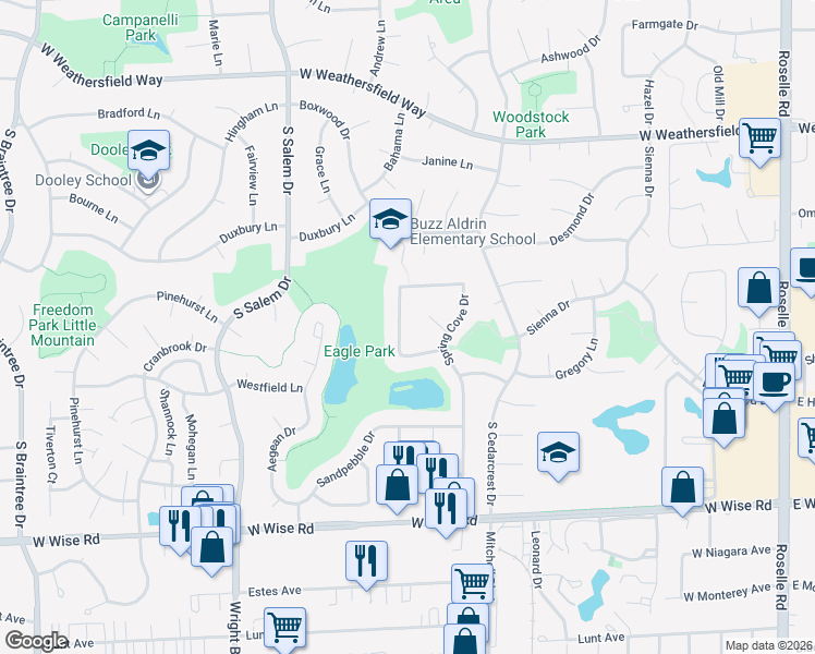 map of restaurants, bars, coffee shops, grocery stores, and more near 839 Beacon Drive in Schaumburg