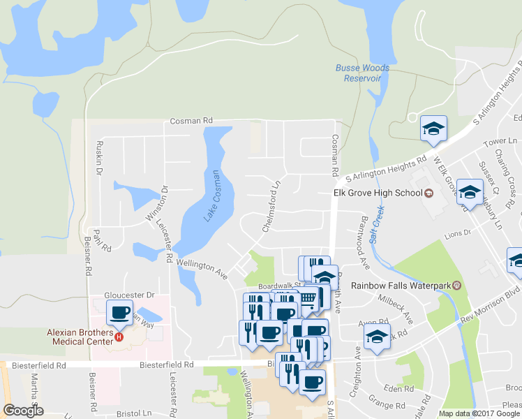 map of restaurants, bars, coffee shops, grocery stores, and more near 650 Versailles Court in Elk Grove Village
