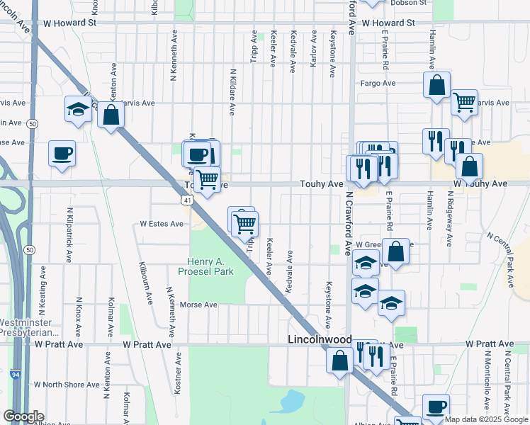 map of restaurants, bars, coffee shops, grocery stores, and more near 7118 Keeler Avenue in Lincolnwood