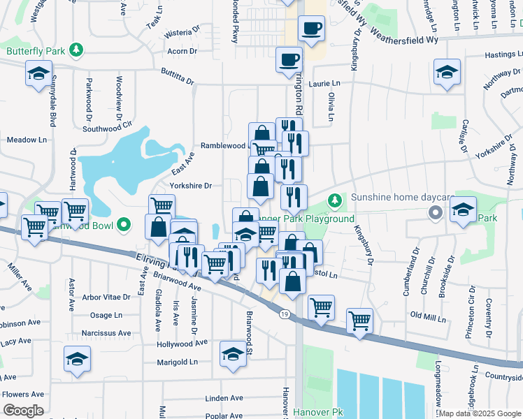 map of restaurants, bars, coffee shops, grocery stores, and more near 720 South Barrington Road in Streamwood