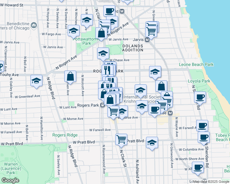 map of restaurants, bars, coffee shops, grocery stores, and more near 1730 West Greenleaf Avenue in Chicago