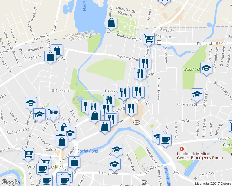 map of restaurants, bars, coffee shops, grocery stores, and more near 501 East School Street in Woonsocket