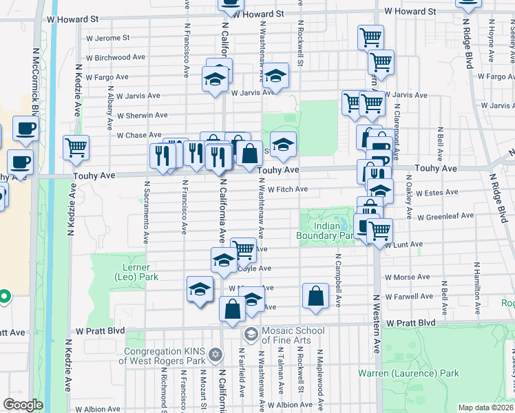 map of restaurants, bars, coffee shops, grocery stores, and more near 7100 North Washtenaw Avenue in Chicago