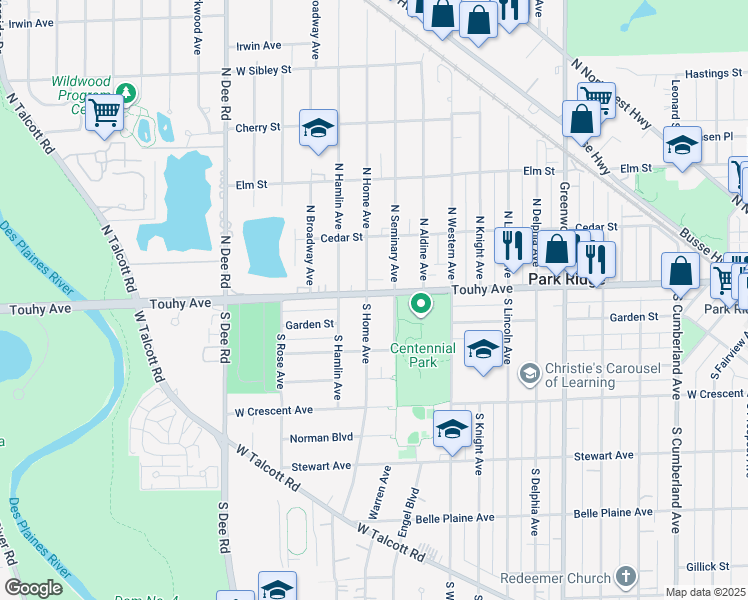 map of restaurants, bars, coffee shops, grocery stores, and more near 7 South Home Avenue in Park Ridge