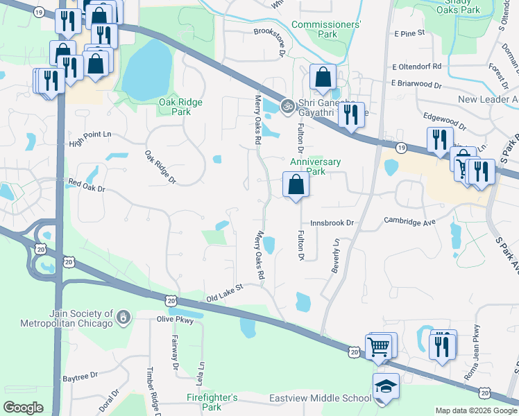 map of restaurants, bars, coffee shops, grocery stores, and more near 3 Bluebird Court in Streamwood