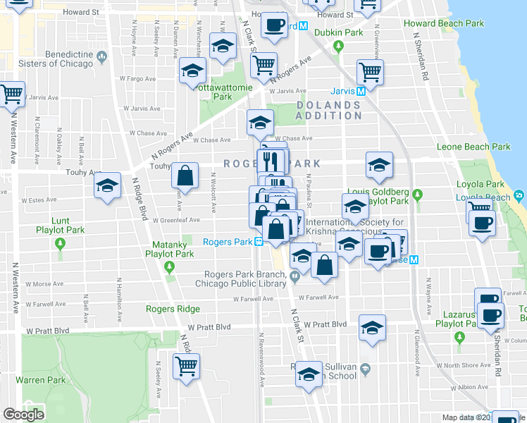 map of restaurants, bars, coffee shops, grocery stores, and more near 7051 N Ravenswood Ave in Chicago