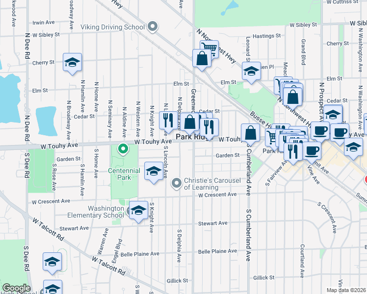 map of restaurants, bars, coffee shops, grocery stores, and more near 2 South Greenwood Avenue in Park Ridge