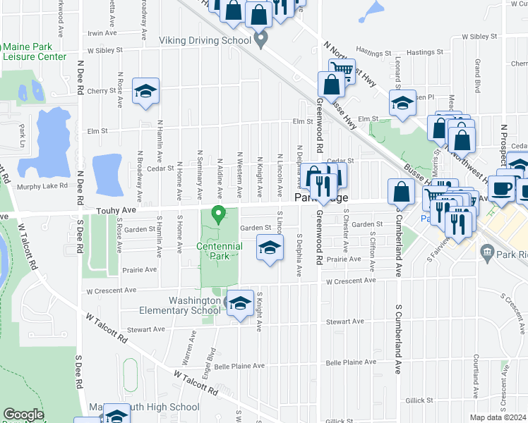 map of restaurants, bars, coffee shops, grocery stores, and more near 1419 West Touhy Avenue in Park Ridge