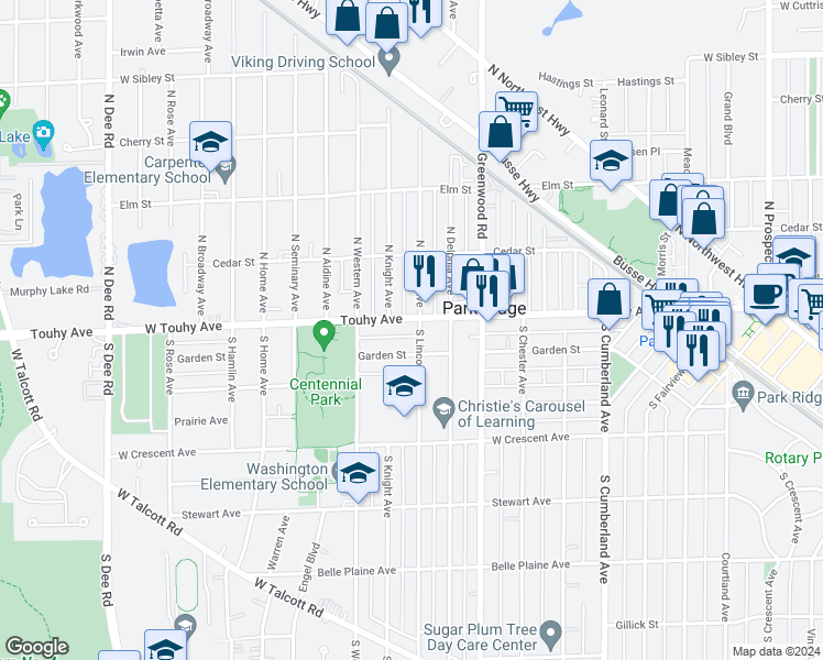 map of restaurants, bars, coffee shops, grocery stores, and more near 2 South Lincoln Avenue in Park Ridge
