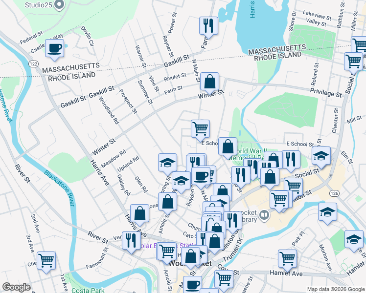 map of restaurants, bars, coffee shops, grocery stores, and more near 91 Summer Street in Woonsocket