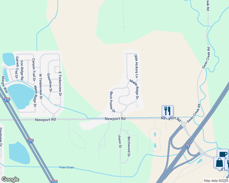 map of restaurants, bars, coffee shops, grocery stores, and more near 9210 Birch Pointe Drive in Monroe County