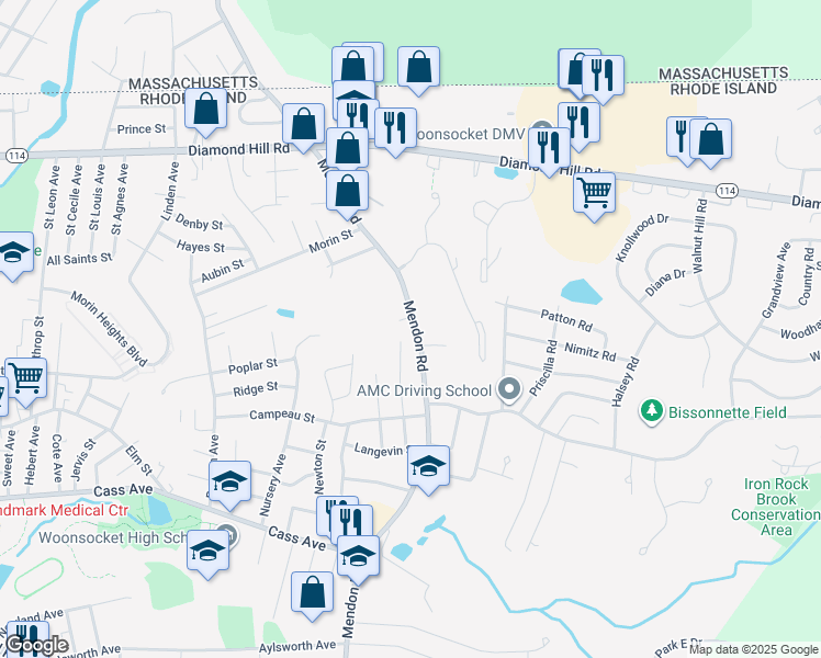 map of restaurants, bars, coffee shops, grocery stores, and more near 615 Mendon Road in Woonsocket