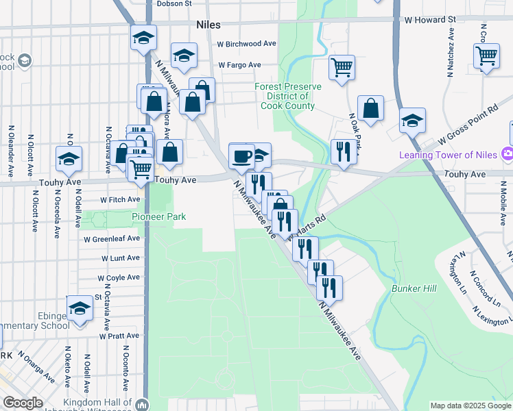 map of restaurants, bars, coffee shops, grocery stores, and more near 7107 N Milwaukee Ave in Niles