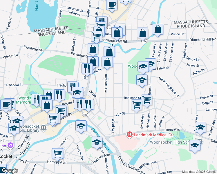 map of restaurants, bars, coffee shops, grocery stores, and more near 213 Burnside Avenue in Woonsocket