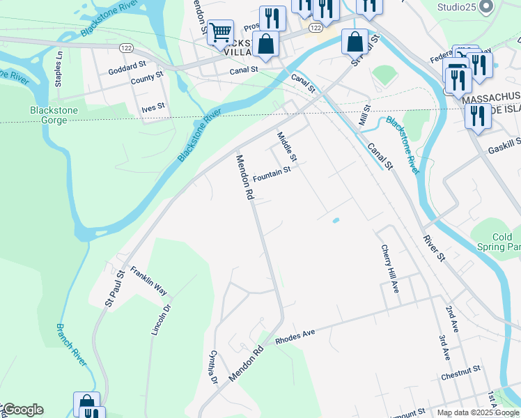 map of restaurants, bars, coffee shops, grocery stores, and more near 335 Keough Street in North Smithfield