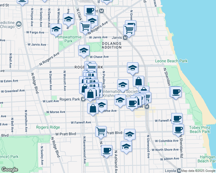map of restaurants, bars, coffee shops, grocery stores, and more near 7049 North Paulina Street in Chicago
