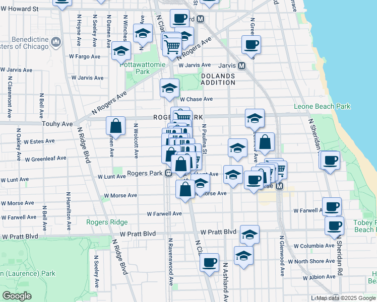 map of restaurants, bars, coffee shops, grocery stores, and more near 1730 West Greenleaf Avenue in Chicago