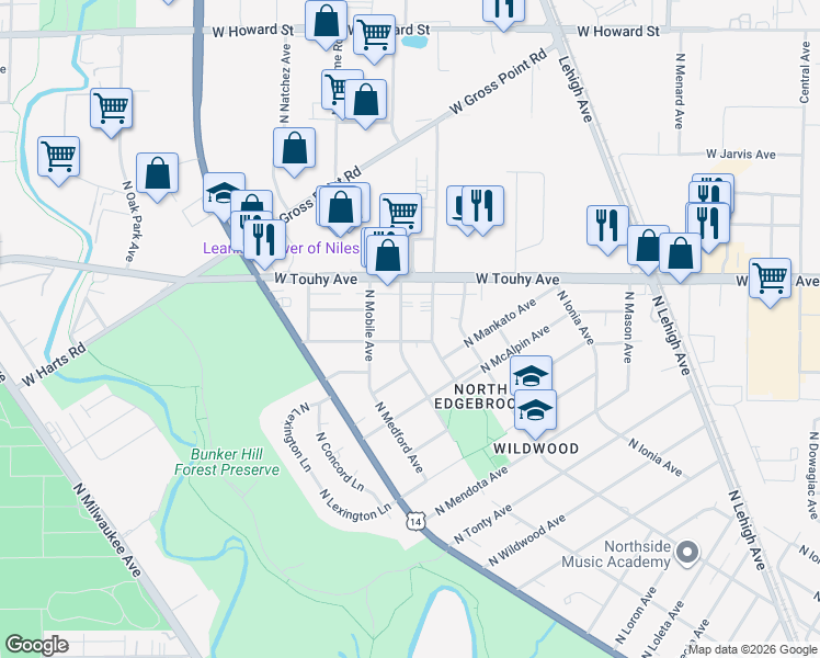 map of restaurants, bars, coffee shops, grocery stores, and more near 7111 North Merrimac Avenue in Chicago