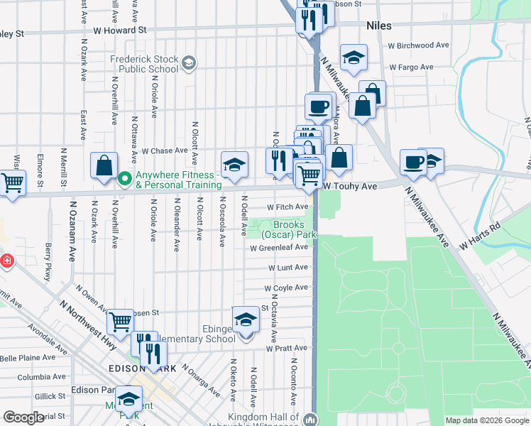 map of restaurants, bars, coffee shops, grocery stores, and more near 7321 West Fitch Avenue in Chicago