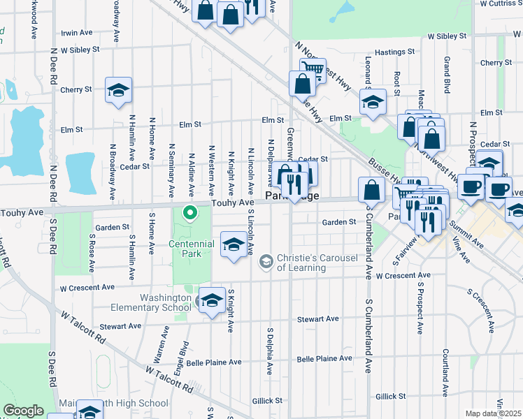map of restaurants, bars, coffee shops, grocery stores, and more near 1333 West Touhy Avenue in Park Ridge