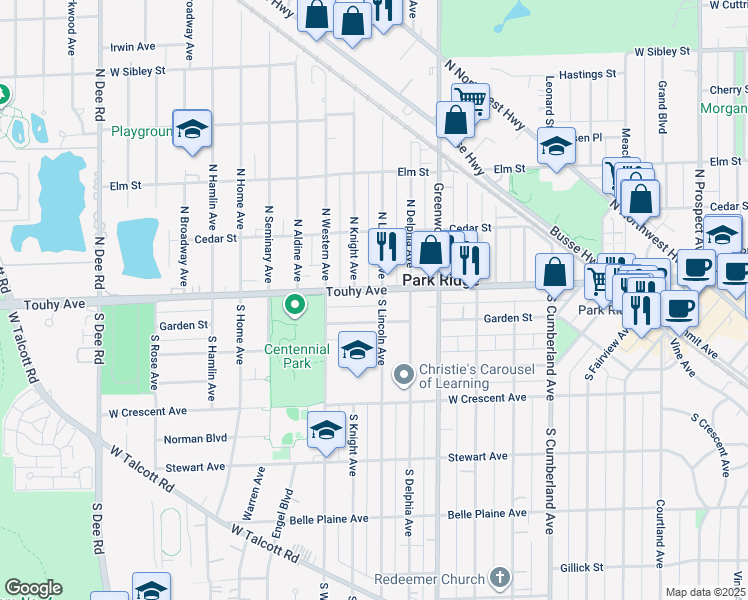 map of restaurants, bars, coffee shops, grocery stores, and more near 1333 West Touhy Avenue in Park Ridge