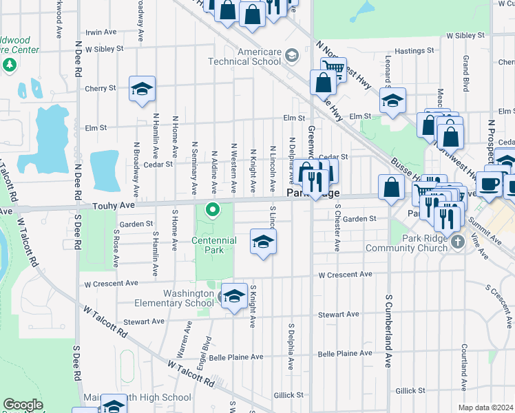 map of restaurants, bars, coffee shops, grocery stores, and more near 1425 West Touhy Avenue in Park Ridge